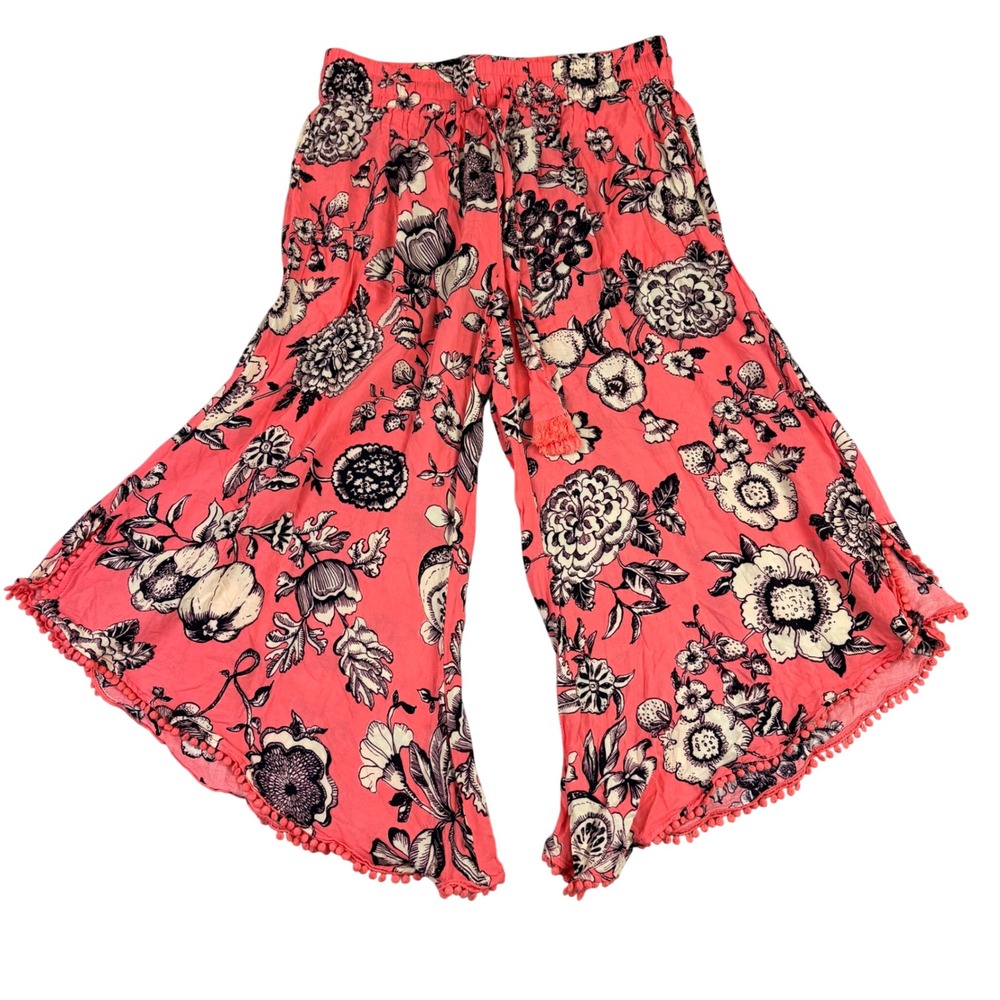 Mermaid Anthropologie M Coral Floral Wide Leg Pom Pom Trim Cropped Palazzo Pants